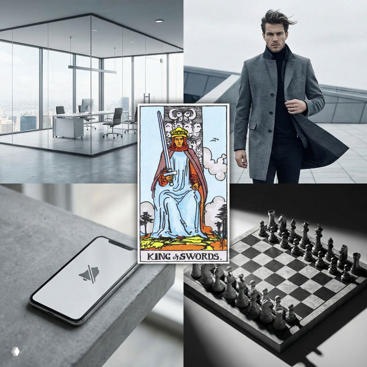 Коллаж: карта Король Мечей в центре, вокруг — офисное пространство, мужчина в пальто, телефон на беззвучном и шахматная доска.