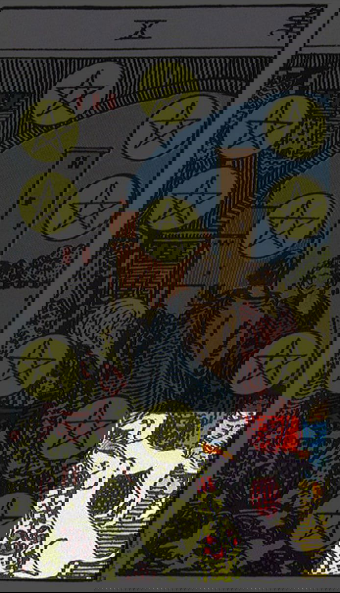 Фотография карты «10 Пентаклей»: семейная сцена с пожилым мужчиной, ребёнком и двумя дружелюбными собаками; символы богатства, наследия и стабильности.