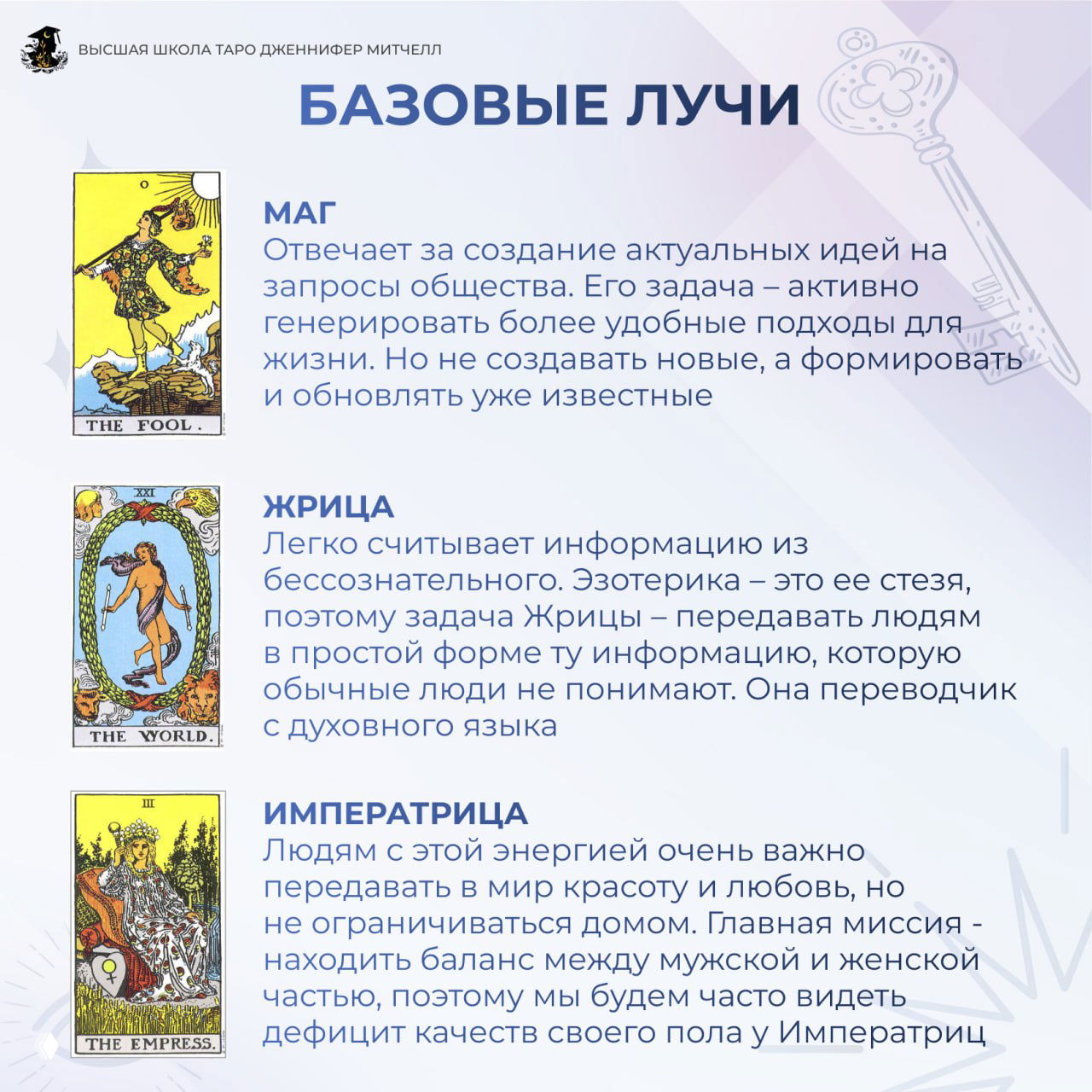 Слайд «БАЗОВЫЕ ЛУЧИ»: слева маленькие изображения карт (Шут, Мир, Императрица), справа текстовые описания задач и ролей этих базовых энергий.
