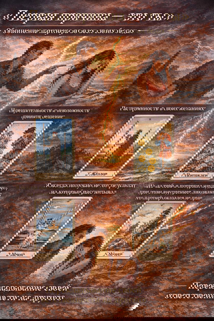 Композиция с обидой и перекладыванием ответственности: фигуры указывает друг на друга, вокруг разложены карты (2 Жезлов, 2 Мечей, 7 Пентаклей, 5 Мечей).