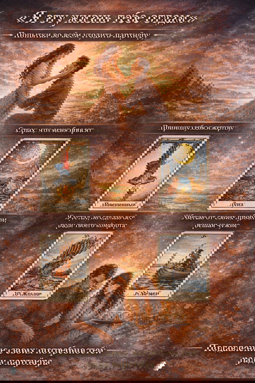 Сцены подчинения и усталости: пара в углу, возле них карты Повешенный, Луна, 10 Жезлов и 6 Мечей — тема жертвенности и бегства от своих проблем.