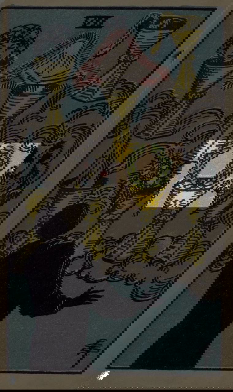 Карта Таро «7 Кубков»: семь кубков с различными образами, в одном из них виден венок — символ искушения славой и гордыни, ретро‑стиль.