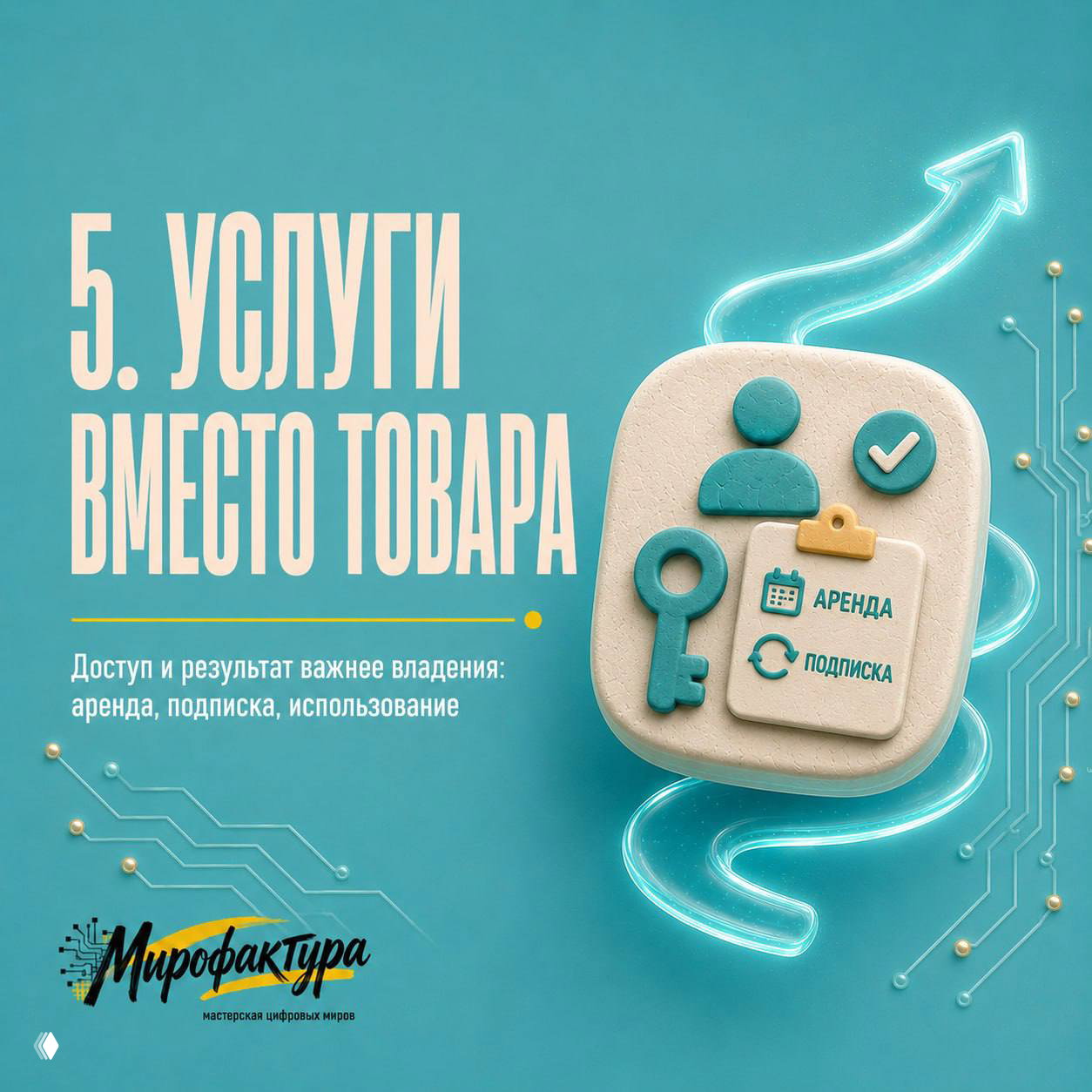 Слайд 5: «Услуги вместо товара» — иконка ключа и чек-листа с подписью про аренду, подписку и использование как приоритет доступа.
