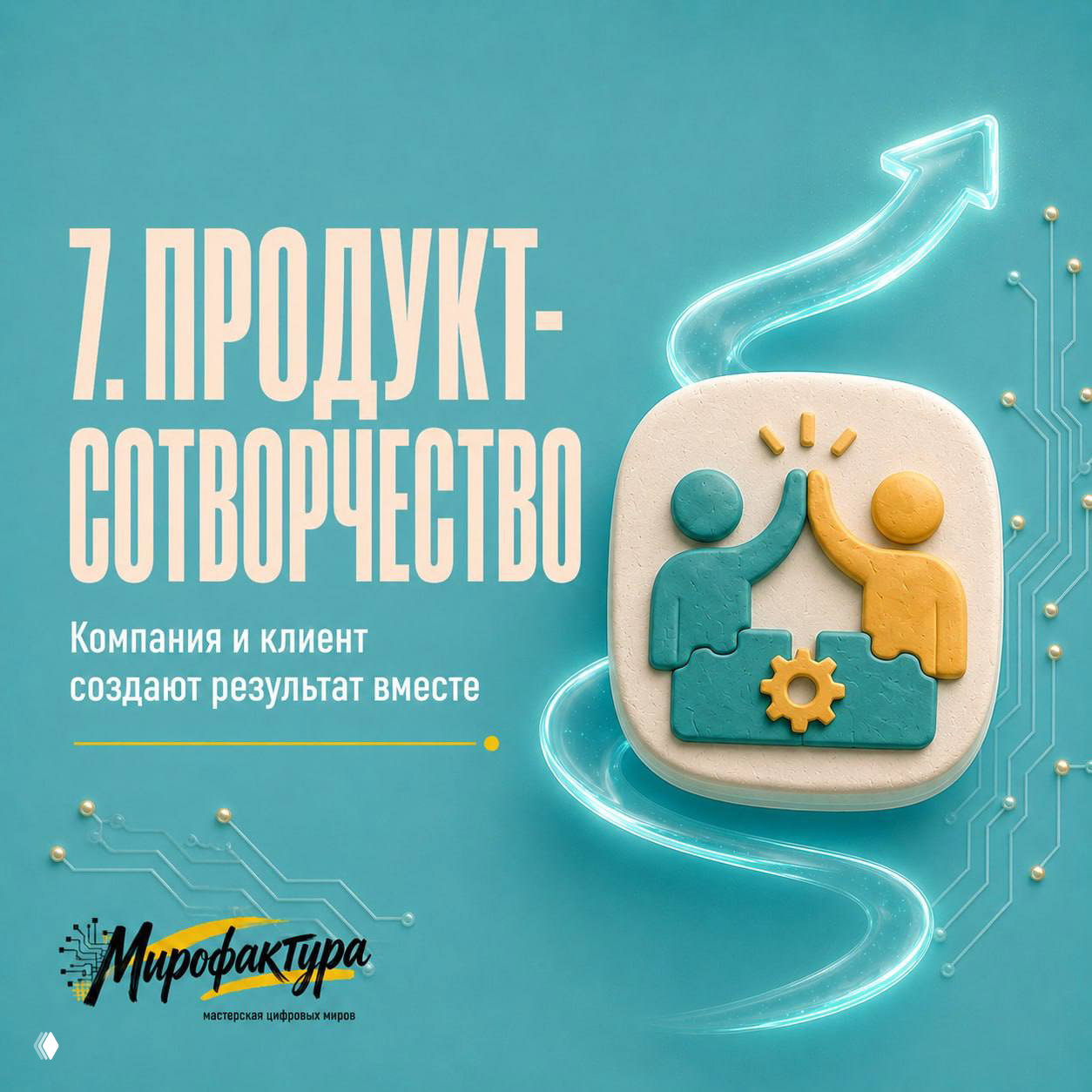 Слайд 7: «Продукт-сотворчество» — иконка двух людей и шестерёнки, пояснение о совместном создании результата компанией и клиентом.