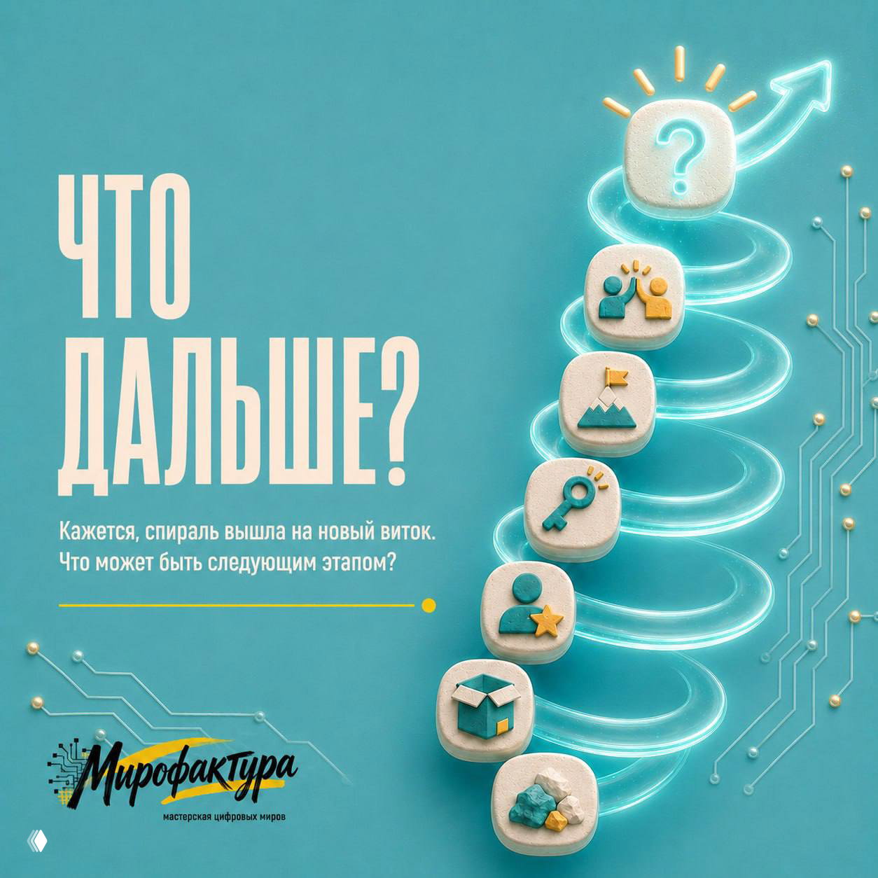 Финальный слайд: вопрос «Что дальше?» с вертикальной спиралью и иконками стадий, приглашение пофантазировать о следующем витке развития.