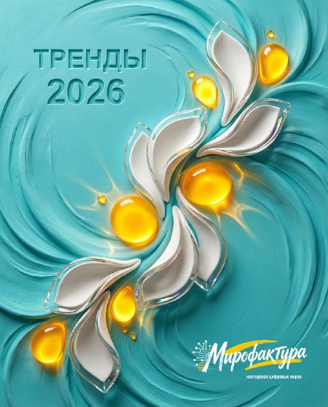 Иллюстрация: бирюзовый фон с декоративными стеклянными лепестками и яркими жёлтыми каплями, надпись «ТРЕНДЫ 2026», логотип «Мирофактура», постер для промо-колоды трендов 2026.