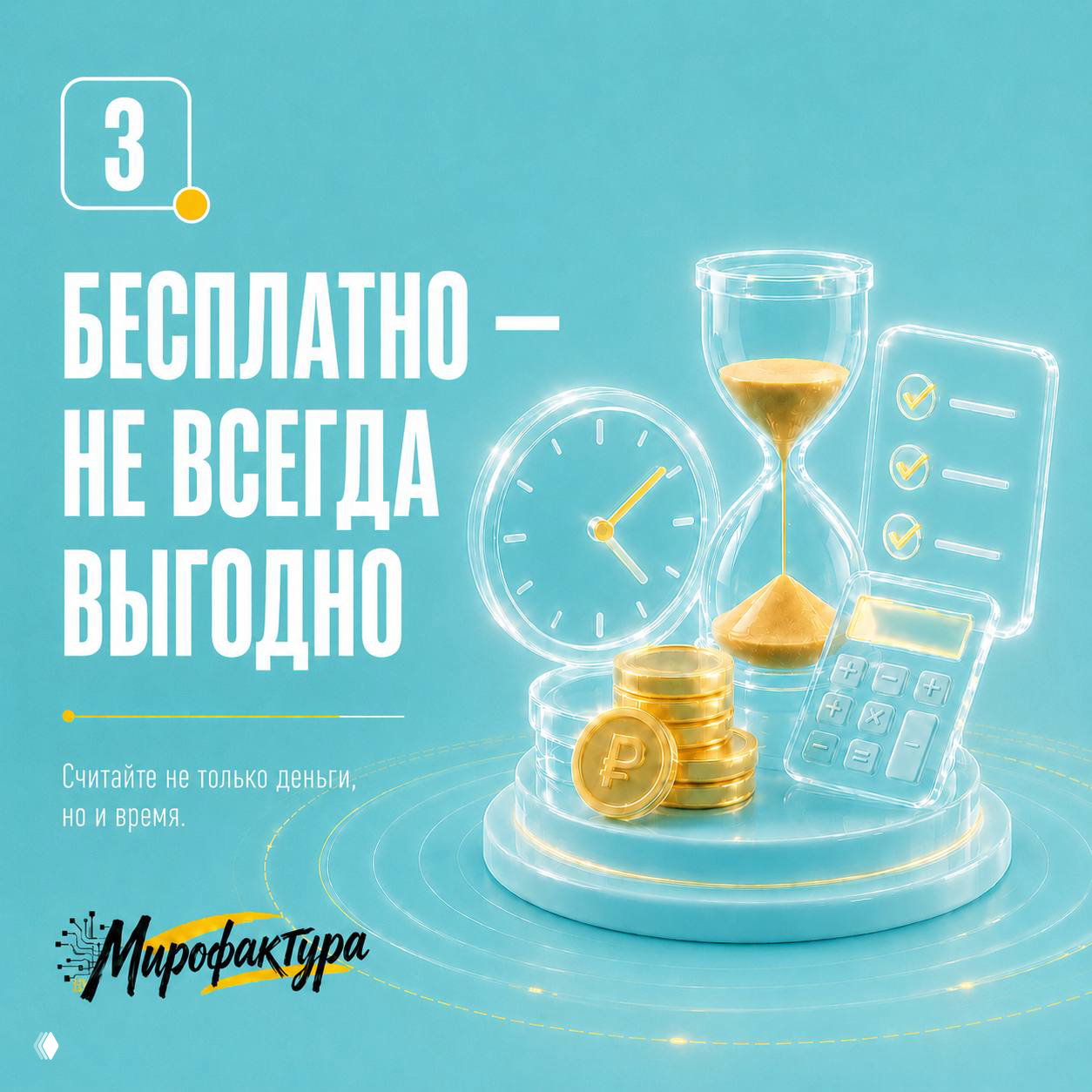 Иллюстрация пункта 3: часы-песочные, монеты и калькулятор на подиуме, показывающие, что бесплатное может быть дороже из-за времени.