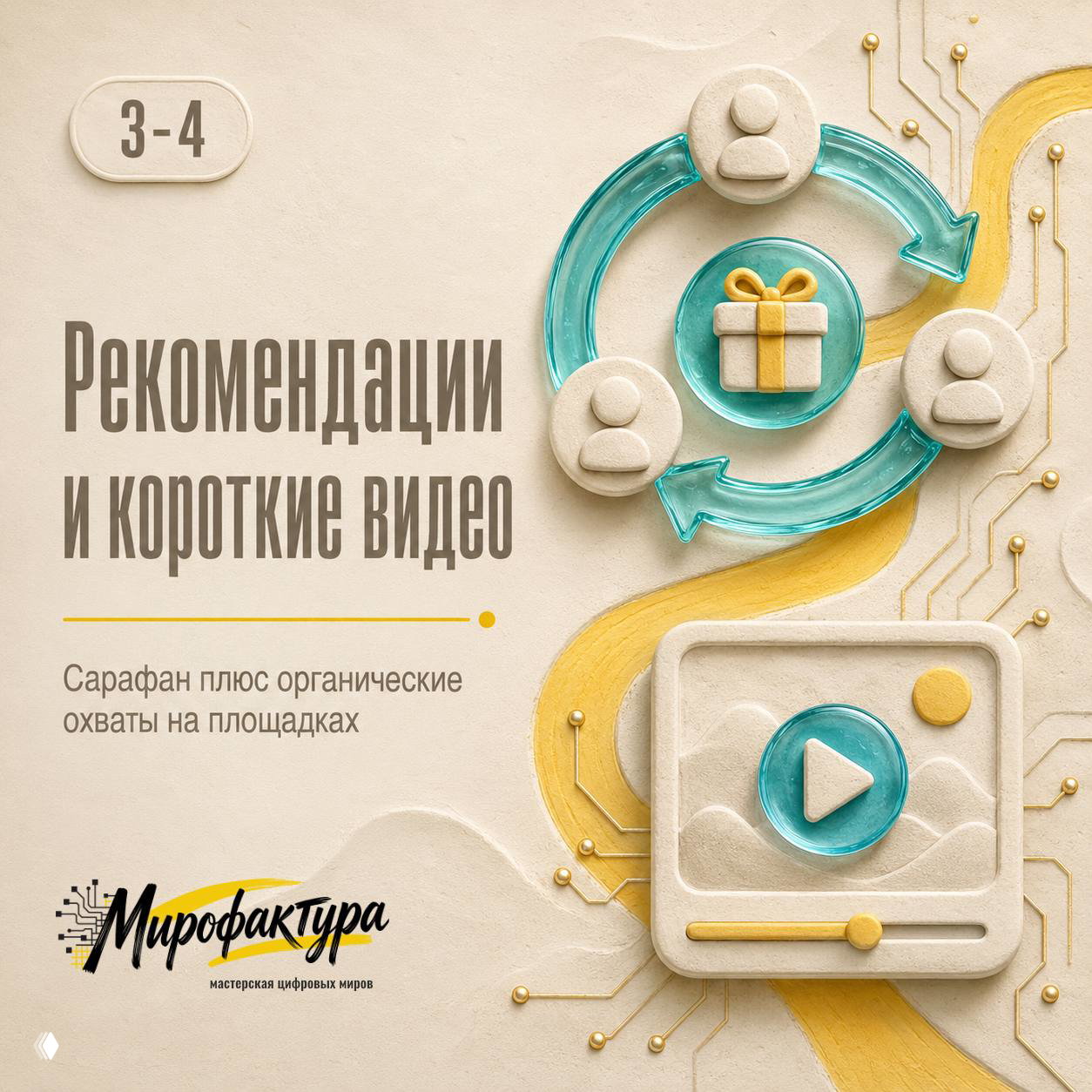 Слайд 3–4: иллюстрация раздела «Рекомендации и короткие видео» — круговые стрелки, подарок и видеоплеер на светлой графике.