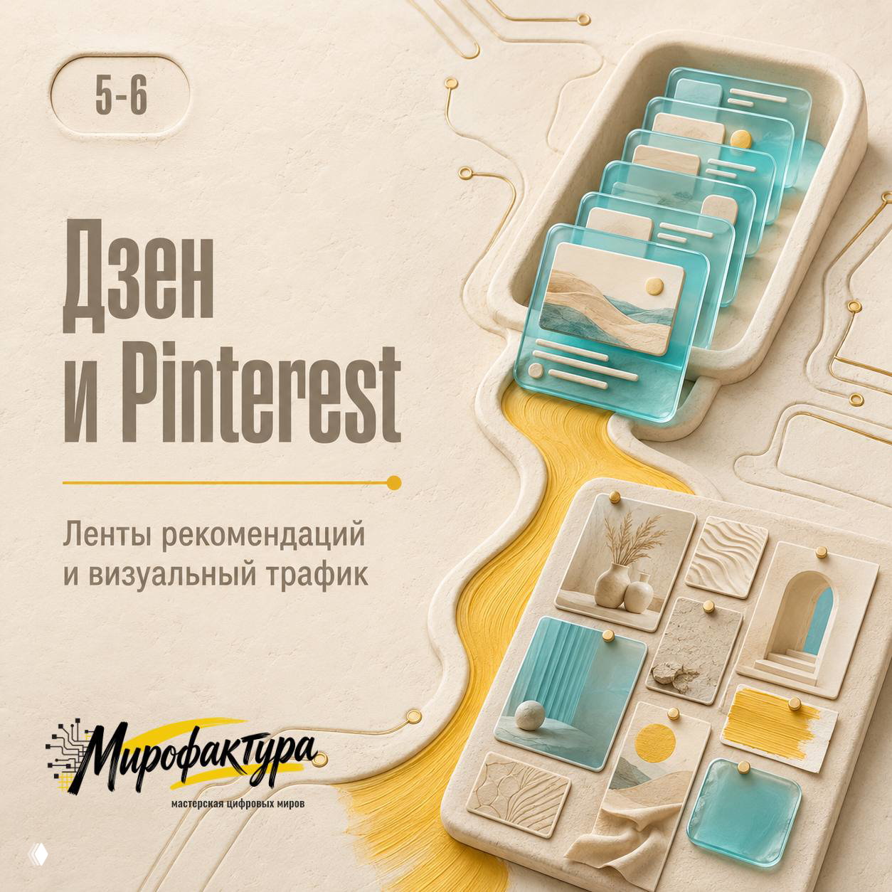 Слайд 5–6: иллюстрация «Дзен и Pinterest» с карточками и визуальными элементами, подчёркивающими рекомендательные ленты и визуальный трафик.