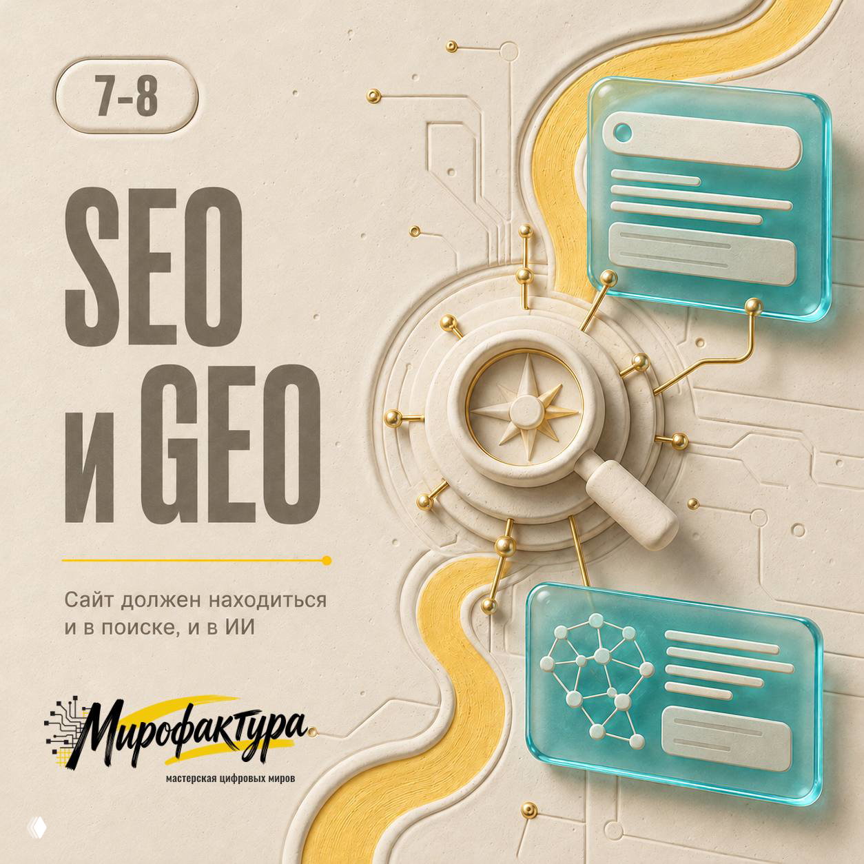 Слайд 7–8: иллюстрация «SEO и GEO» — лупа, компас и сетевые элементы, символизирующие поиск и нейросетевую выдачу.