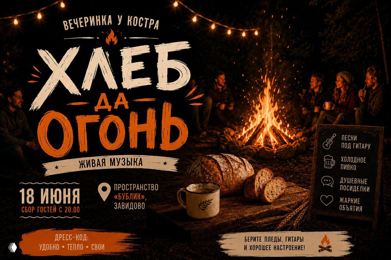 Афиша вечеринки у костра: ночной костёр, хлеб и кружка на столе, палатка на фоне и надпись «Хлеб да огонь».