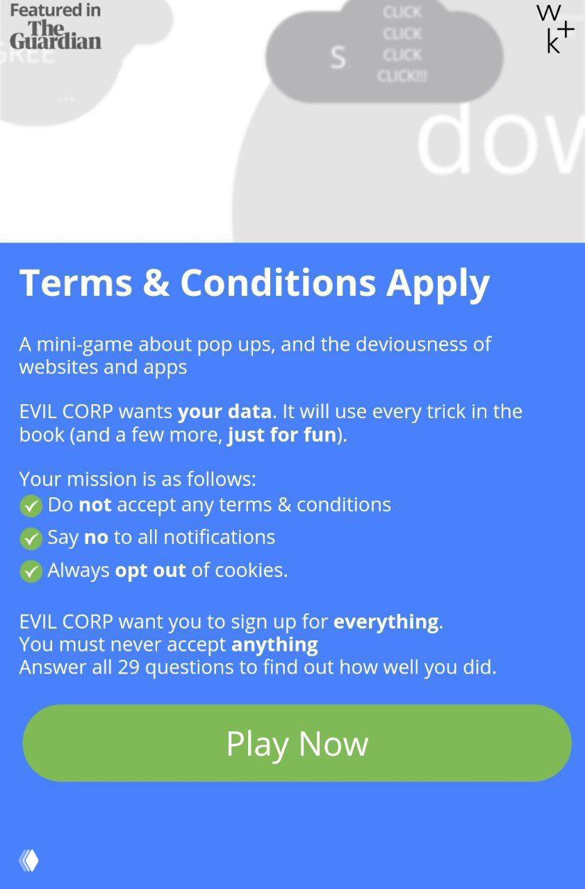 Скриншот мини‑игры "Terms & Conditions Apply": синий экран с текстом про Evil Corp, инструкциями не принимать условия и кнопкой Play Now.
