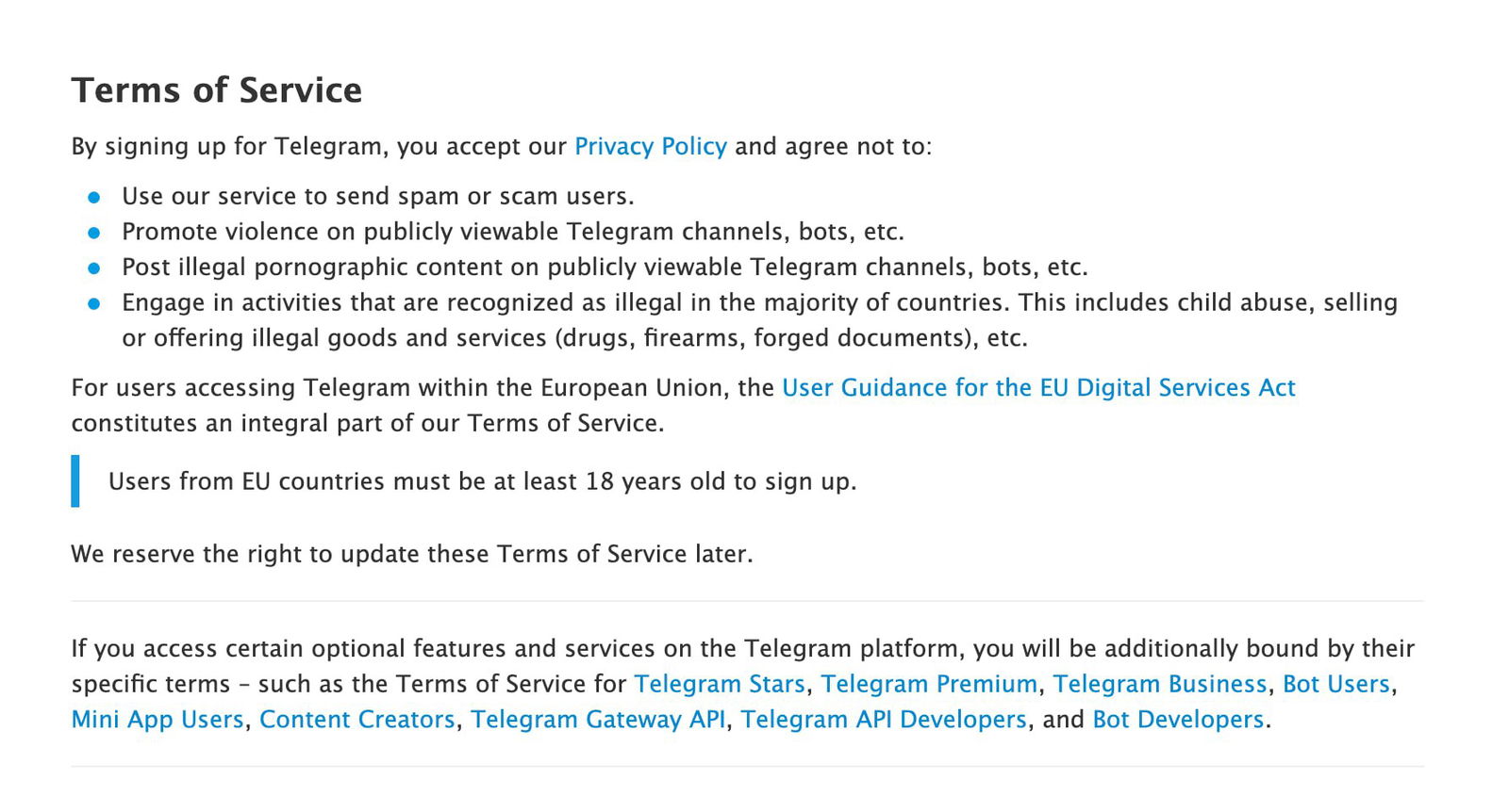 Фрагмент страницы с Terms of Service Telegram: пункты о запрете спама, насилия, детской порнографии и незаконной деятельности, показывающий основания для модерации.