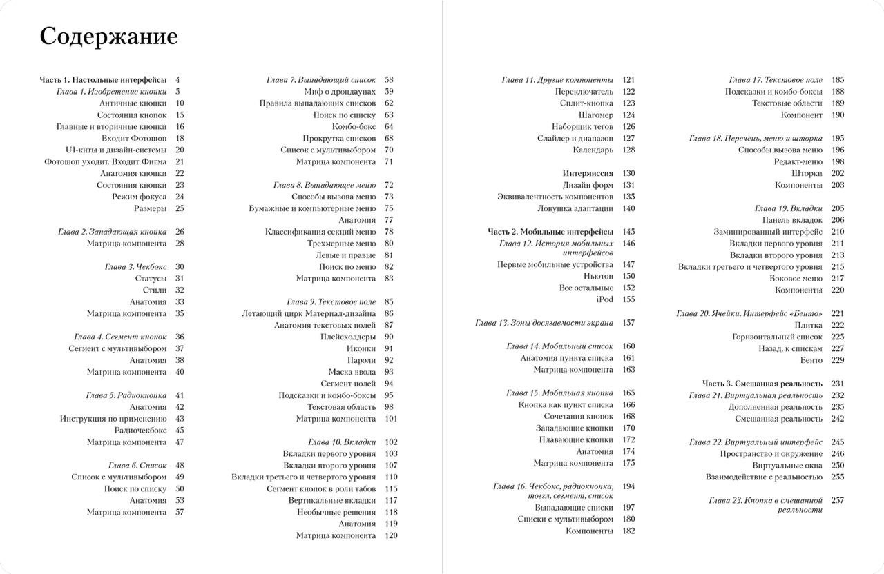 Разворот с содержанием книги: детализированный список глав и частей, нумерация страниц и плотная типографская верстка на двух белых страницах.