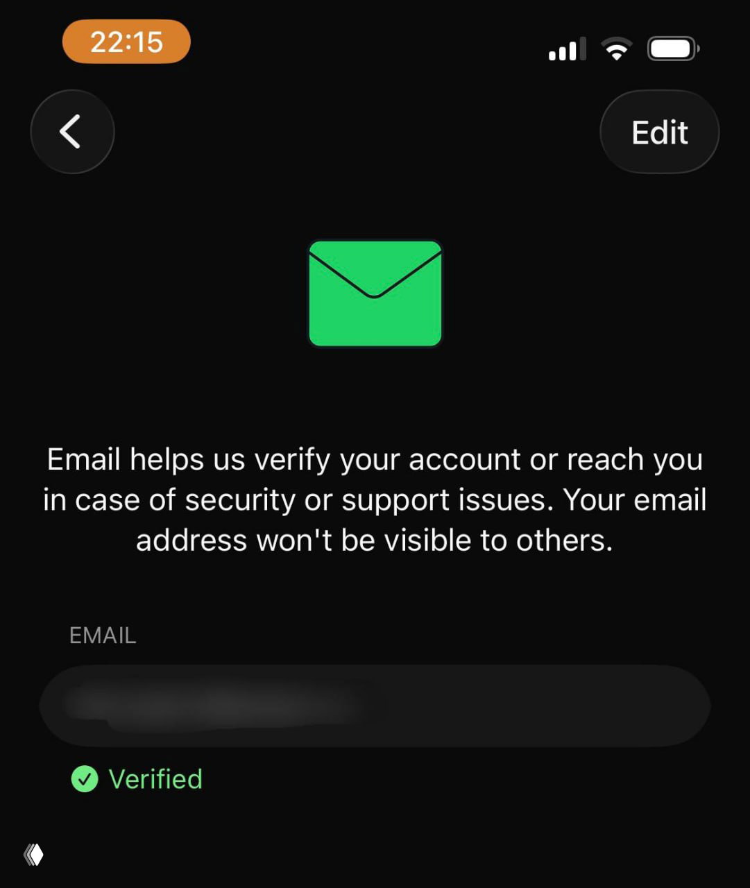 Скриншот экрана настроек почты в WhatsApp: адрес затемнён, рядом зелёная галочка и подпись «Verified» — видно, что почта уже подтверждена.