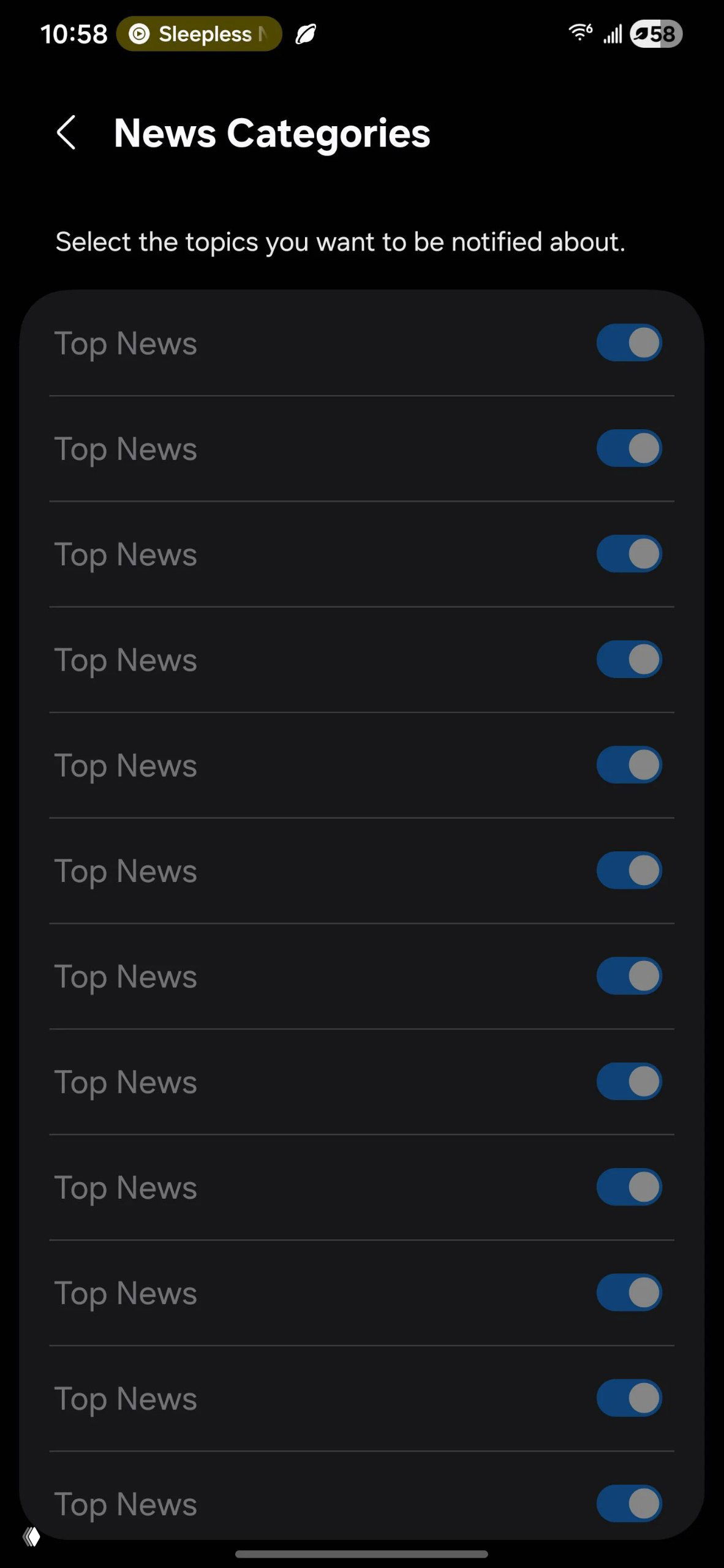 Скриншот экрана «News Categories» на английском: длинный повторяющийся список «Top News» с переключателями — пример однообразного списка категорий.