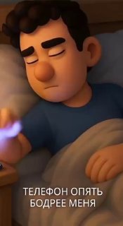 Мультяшный мужчина в кровати держит телефон; на изображении надпись «Телефон опять бодрее меня». Иллюстрация к анонсу про UX и мобильные ОС.