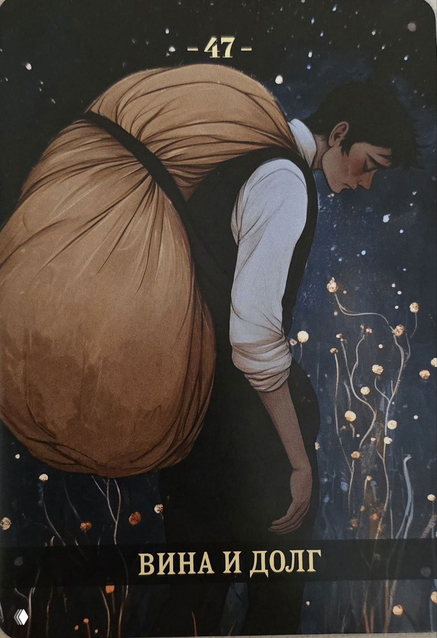 Карта «Вина и долг»: молодой мужчина, согнувшийся под тяжёлым мешком, метафора ответственности, чувства вины и бремени в отношениях.