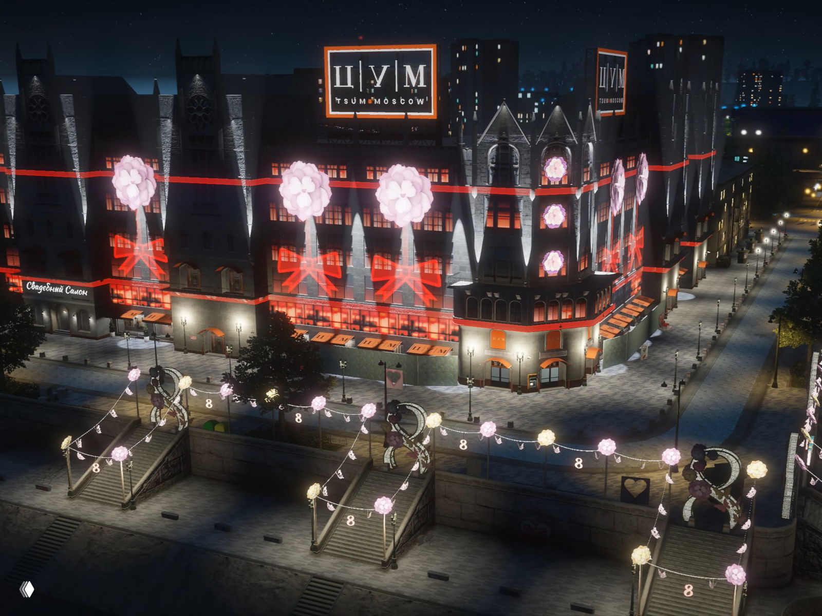 Ночной вид ЦУМ и набережной в GTA 5 RP: подсвеченные фасады, гирлянды с цветами и декоративные лестницы вдоль воды, праздничная подсветка.