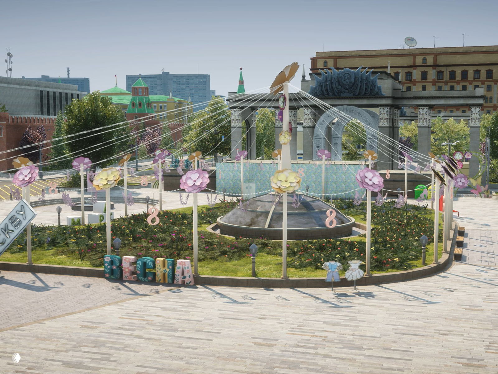 Общий вид круглой площади с фонтаном, гирляндами и цветочными композициями вокруг — праздничная зона с цифрами 8 и декорациями в RMRP.
