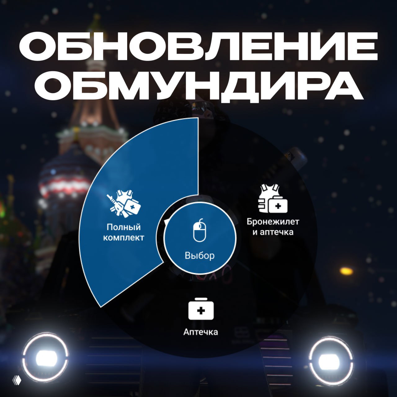 Инфографика радиального меню выбора обмундирования: сегменты «Полный комплект», «Бронежилет» и «Аптечка» на тёмном фоне с иконками и подсветкой.