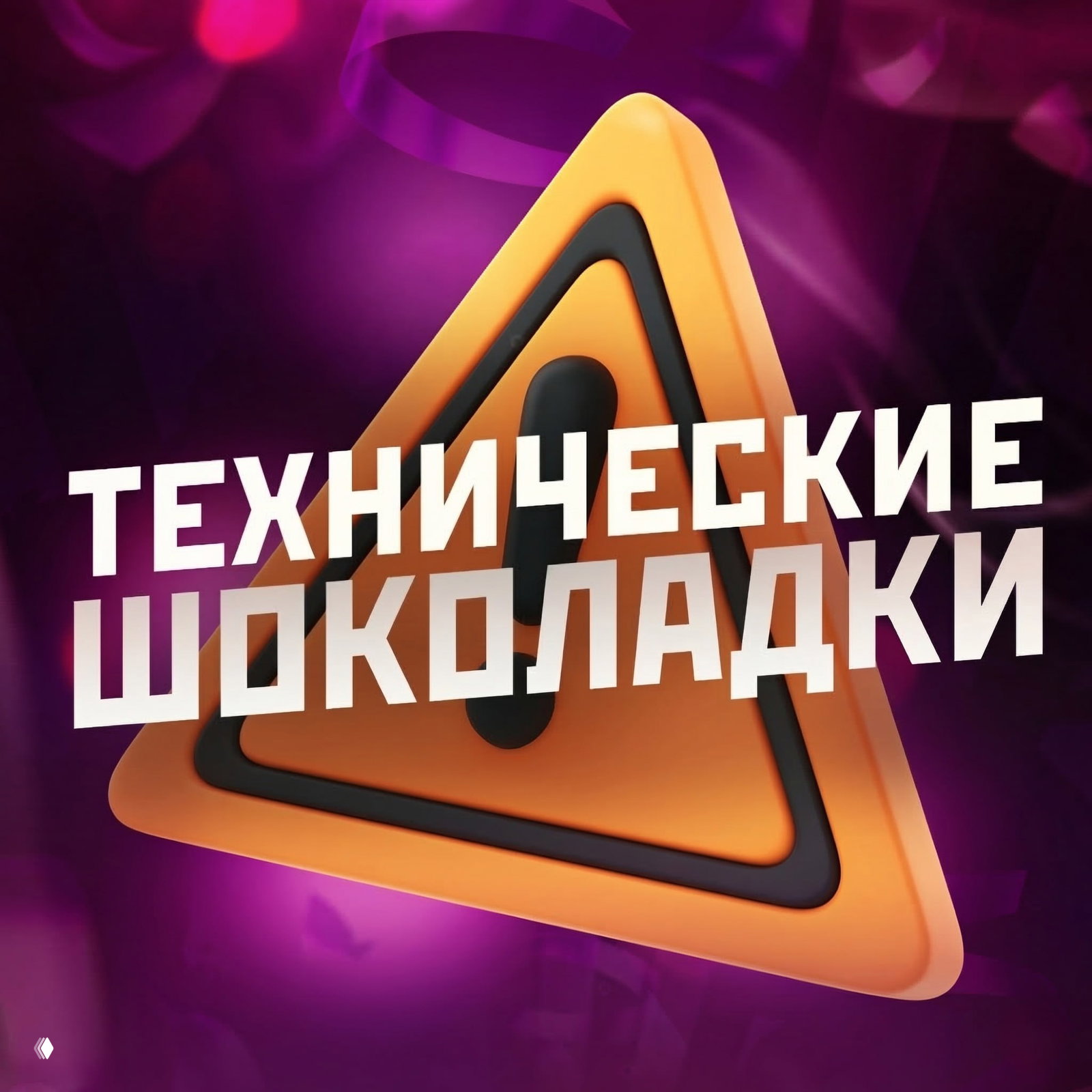 Оранжевый треугольный знак с восклицанием на фиолетовом фоне и крупной надписью «ТЕХНИЧЕСКИЕ ШОКОЛАДКИ», иллюстрация к новости о сбоях.