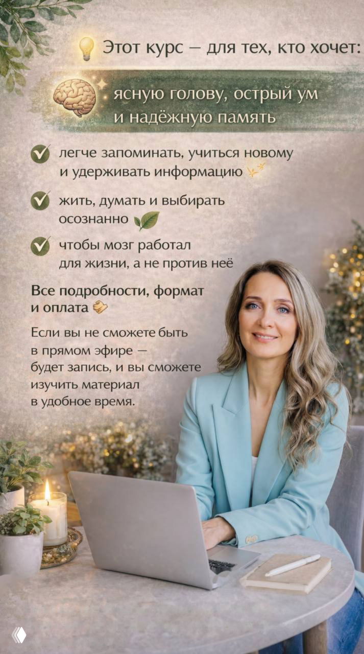 Мария Бражникова сидит за столом с ноутбуком и блокнотом: рекламный слайд курса о памяти, питании и микробиоте в тёплой праздничной стилистике.