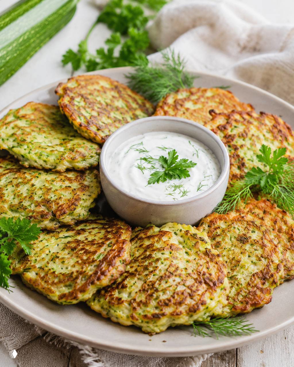 Тарелка с золотистыми кабачковыми оладьями и миской соуса из кокосового йогурта, украшено укропом и петрушкой