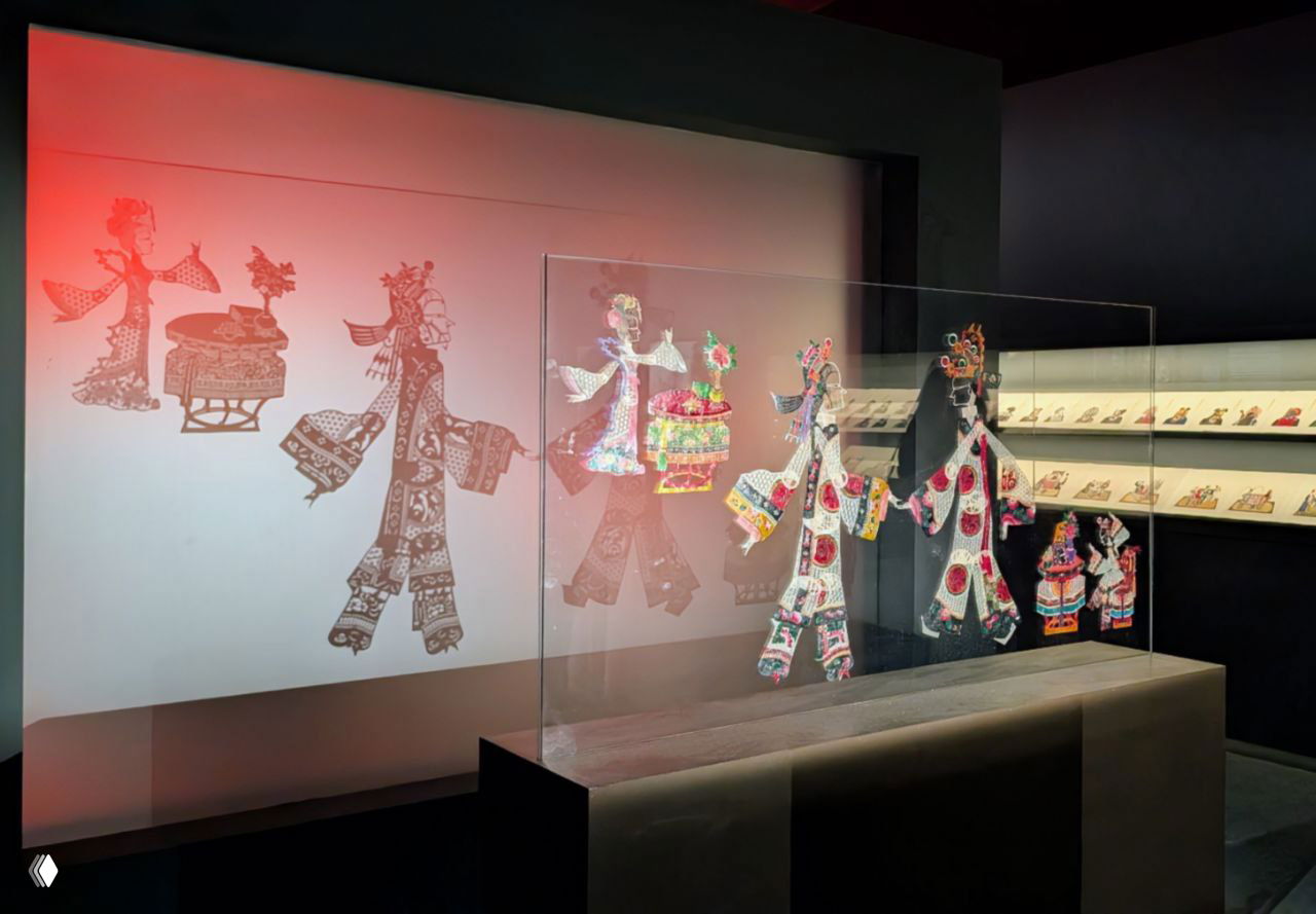 Витрина с традиционными бумажными куклами и тенью их силуэтов на стене — образцы пекинской народной игрушки и декорации выставки, музейное оформление.