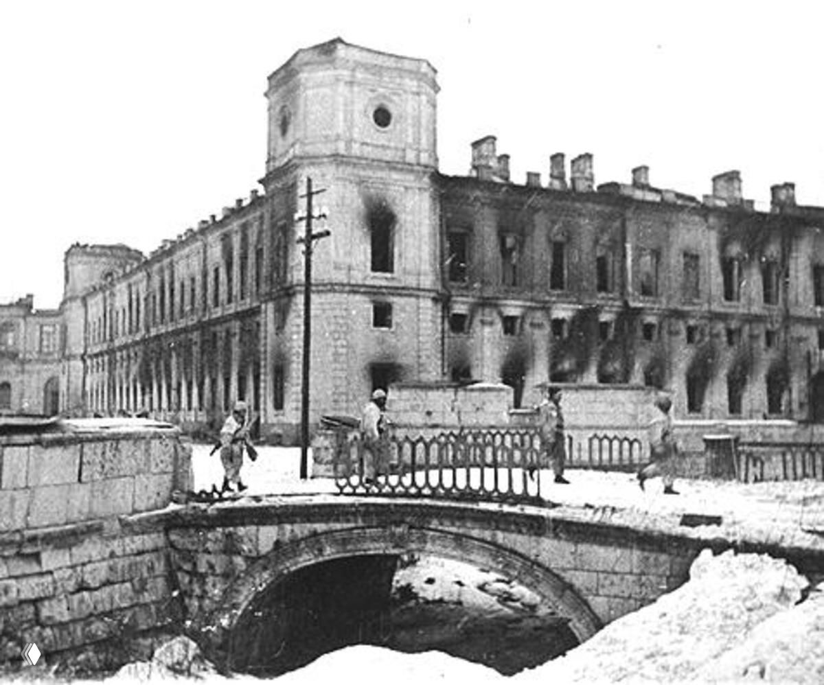 Башня с часами и угловой фасад Большого Гатчинского дворца в вечернем свете: высокий ракурс, подчёркнуты архитектурные линии и окна.