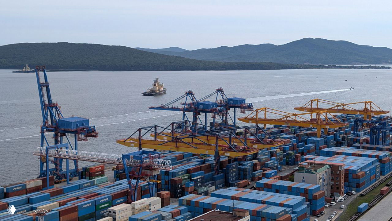 Контейнерный терминал и портовые краны на фоне моря и холмов — промышленная сторона порта Владивосток с контейнерными отгрузками