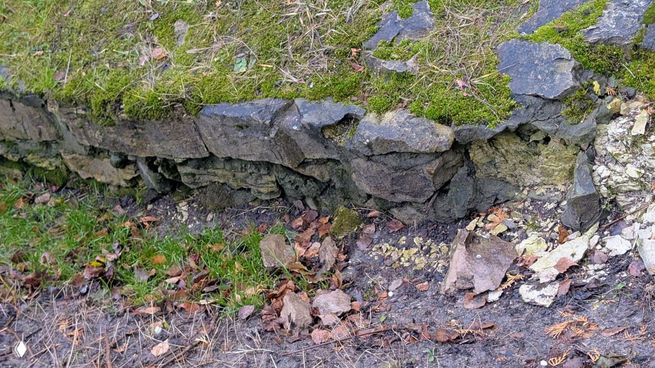 Низкий ракурс на каменные руины и слои грунта в сквере перед Благовещенским собором, видны следы старых строений и мох на камнях.