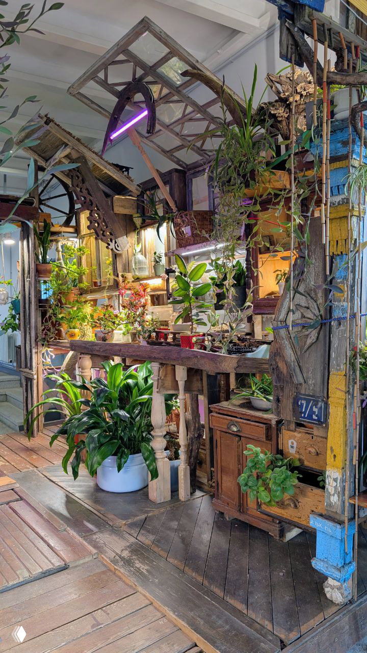 Декоративная деревянная конструкция с многочисленными растениями и предметами — художественная инсталляция внутри филиала.