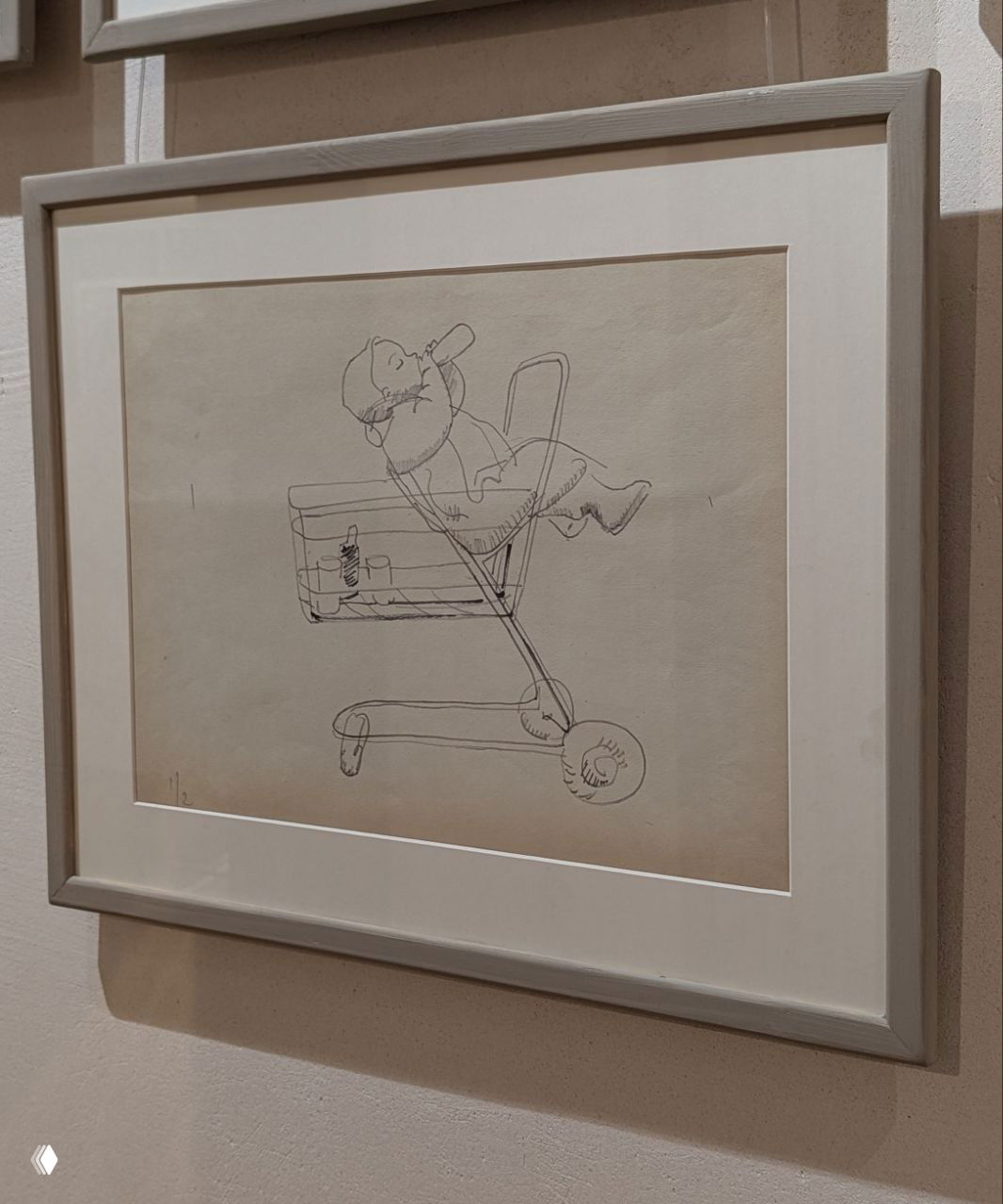 Графический набросок в раме: карандашная зарисовка ребёнка в тележке супермаркета — один из эскизов Виталия Горяева, демонстрирующий бытовой взгляд художника.