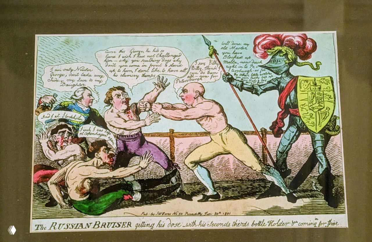 Карикатурная гравюра конца XVIII — начала XIX века, изображающая сцены драки и рыцаря в доспехах — иллюстрация исторического конфликта вокруг Мальты.