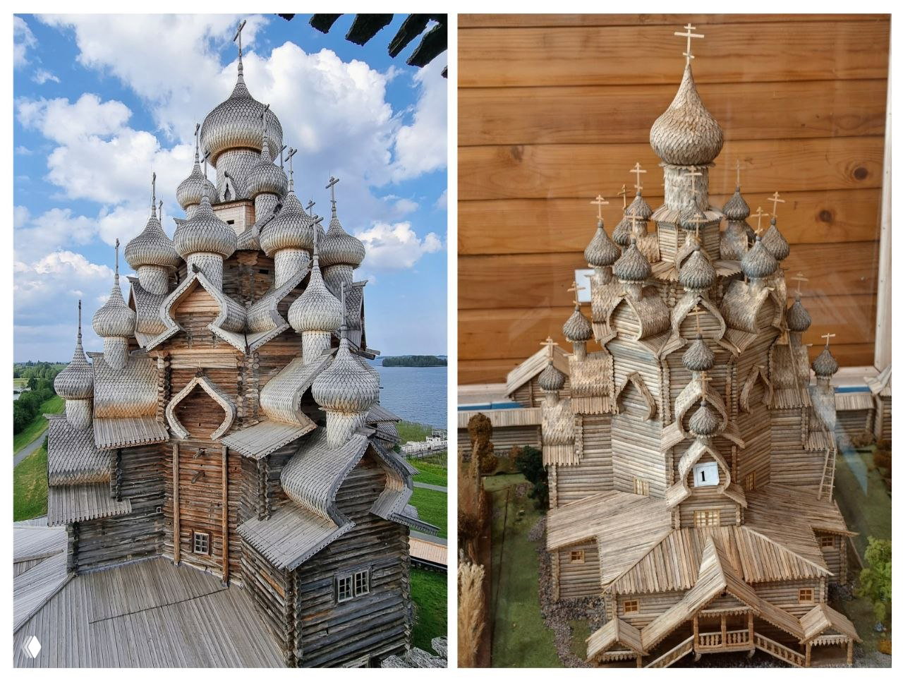 Фотоколлаж оригинальной деревянной архитектуры и музейной миниатюры: силуэты куполов, ярусы и композиции в сопоставлении с прототипами.