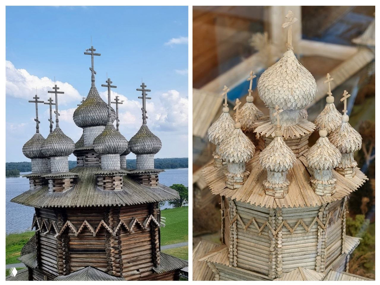 Коллаж: сравнение оригинальных кижских церквей и их уменьшенных копий в музее — формы куполов и структура сруба переданы очень близко к оригиналу.