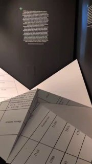 Музейная витрина с бумажными документами, таблицами и текстовой информацией экспозиции — архивный материал в экспозиционном оформлении.