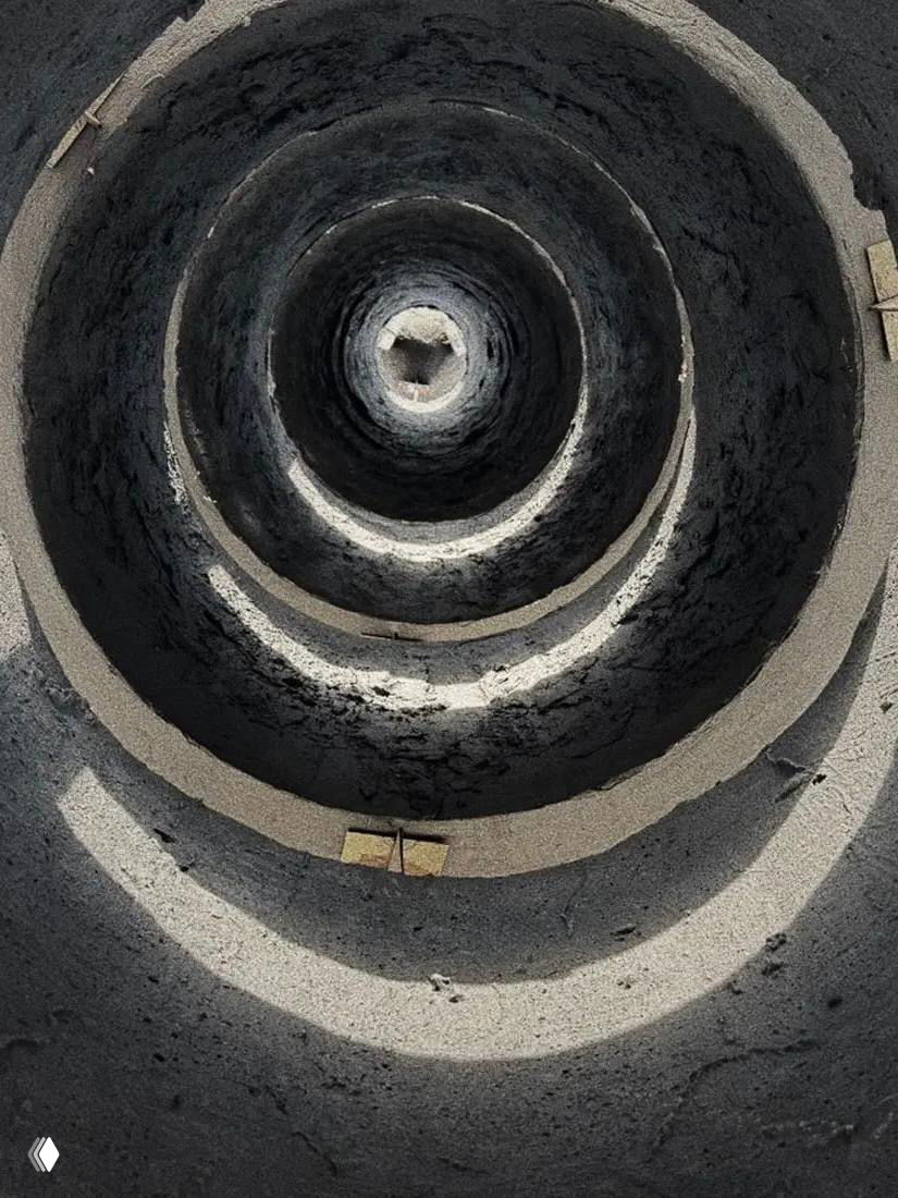 Вид внутри цилиндрической структуры с концентрическими кольцами из текстурного материала — архитектурный фрагмент инсталляции с акцентом на поверхность.