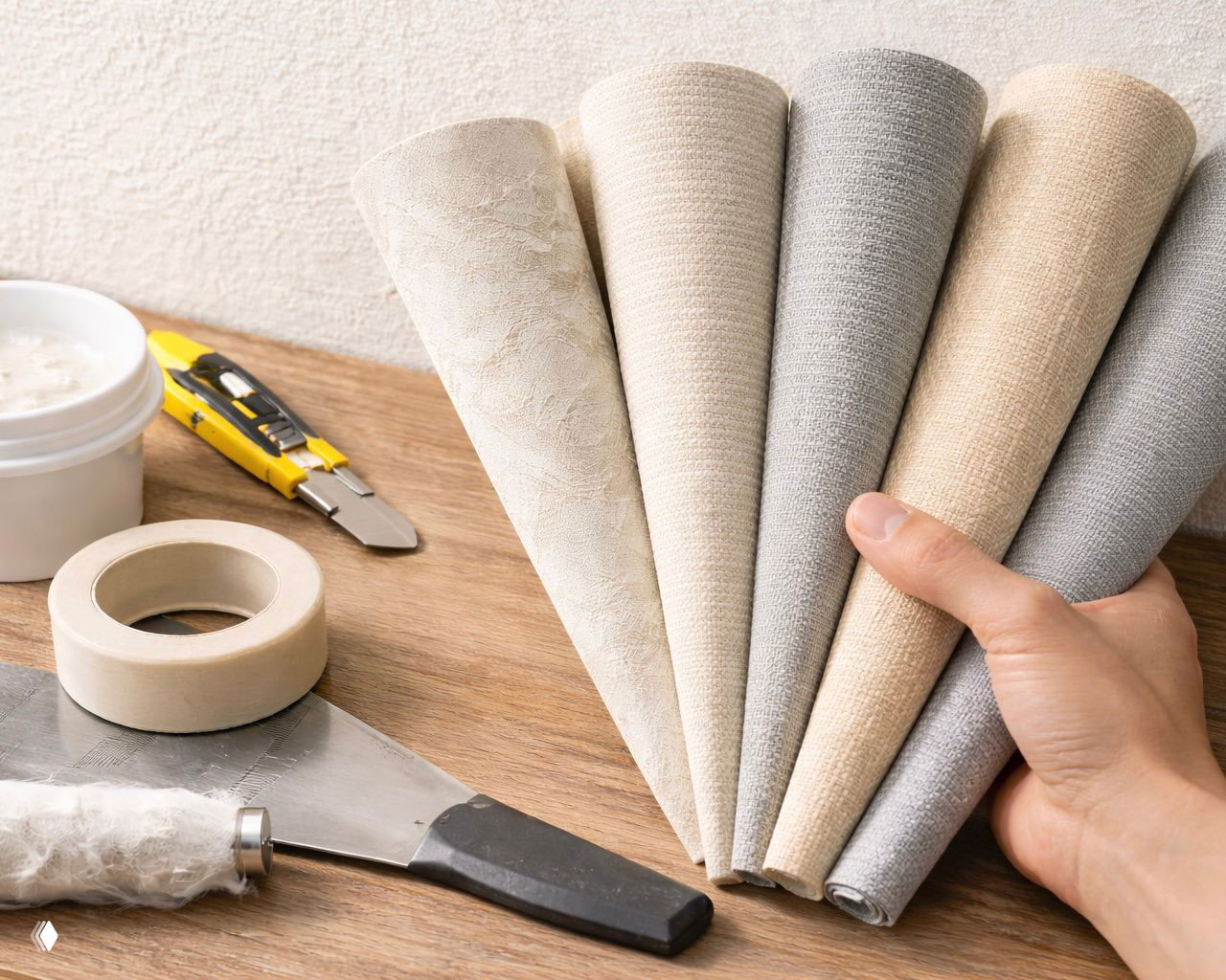 Рука держит веер из фактурных образцов обоев рядом с малярными инструментами: шпатель, малярная лента и нож для нарезки рулонов.