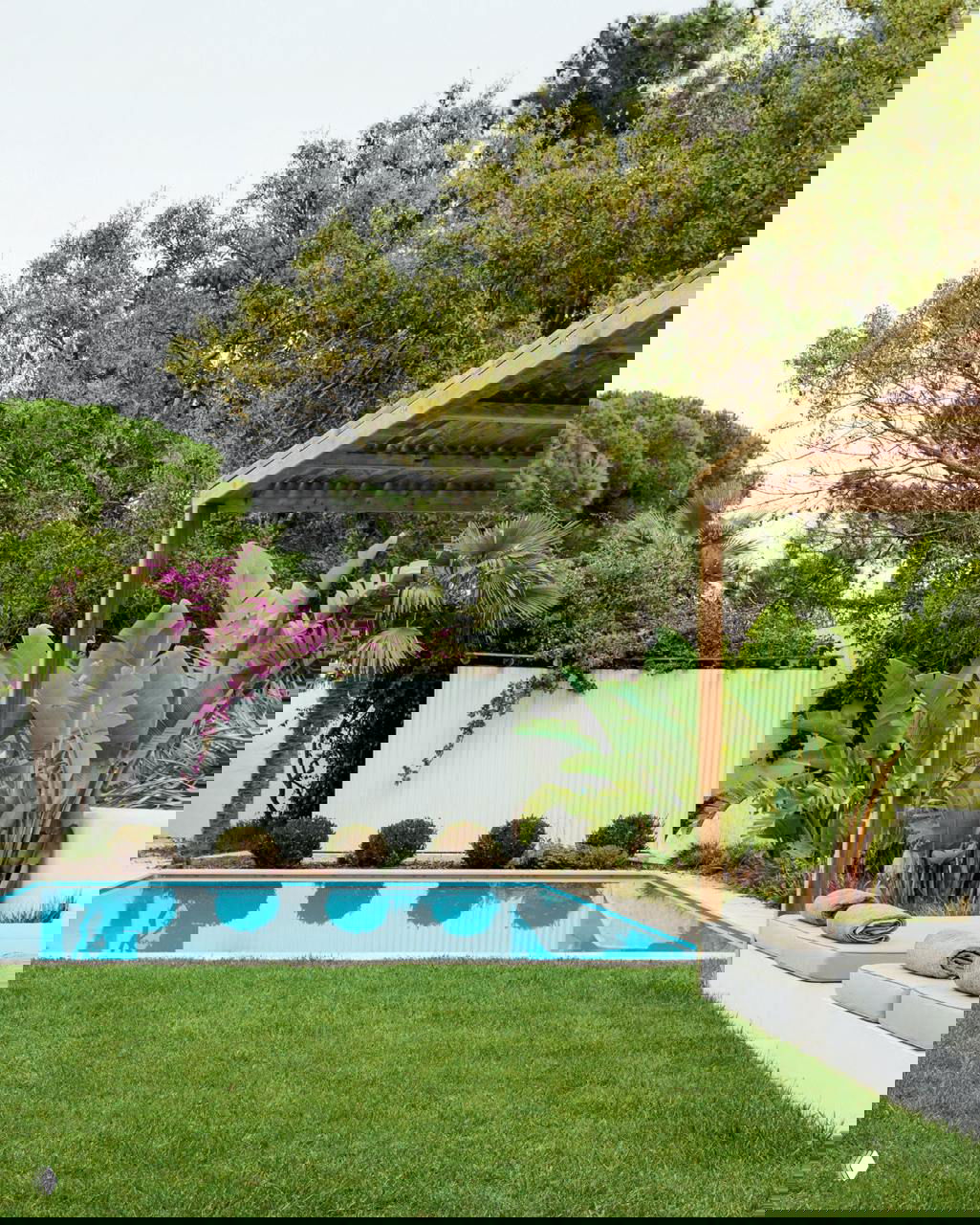 Открытая зона с бассейном и зелёным садом на фоне, тропические растения и белая постройка, обрамлённые буйной растительностью.