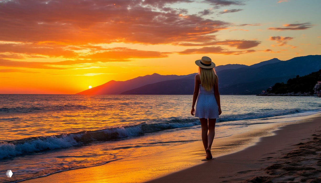 Женщина идёт по пляжу на закате в Ялте; морской берег, горы и тёплое вечернее небо как символ туристического потока