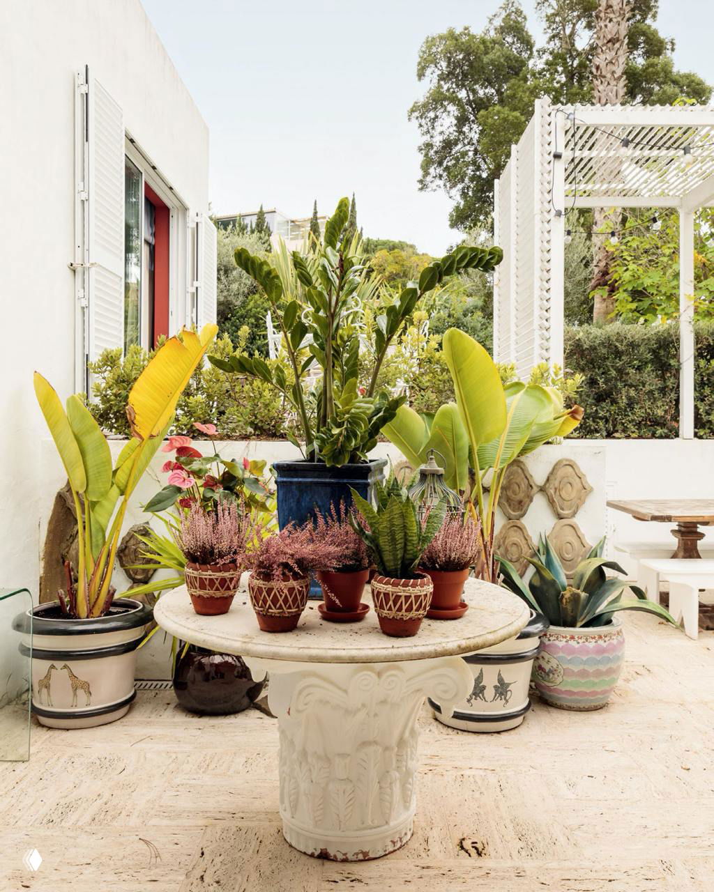 Терасса с круглым каменным столом, на котором множество глиняных горшков с комнатными растениями; средиземноморская атмосфера.