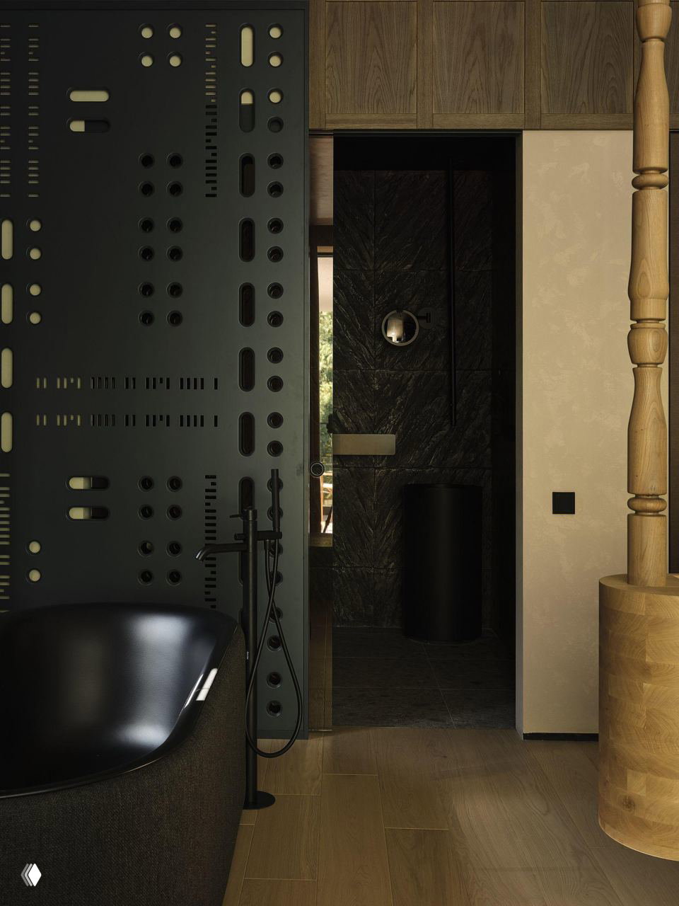 Ванная зона и интерьер: чёрная отдельно стоящая ванна, декоративная чёрная панель с геометрическими отверстиями, каменная отделка стен и деревянный пол.
