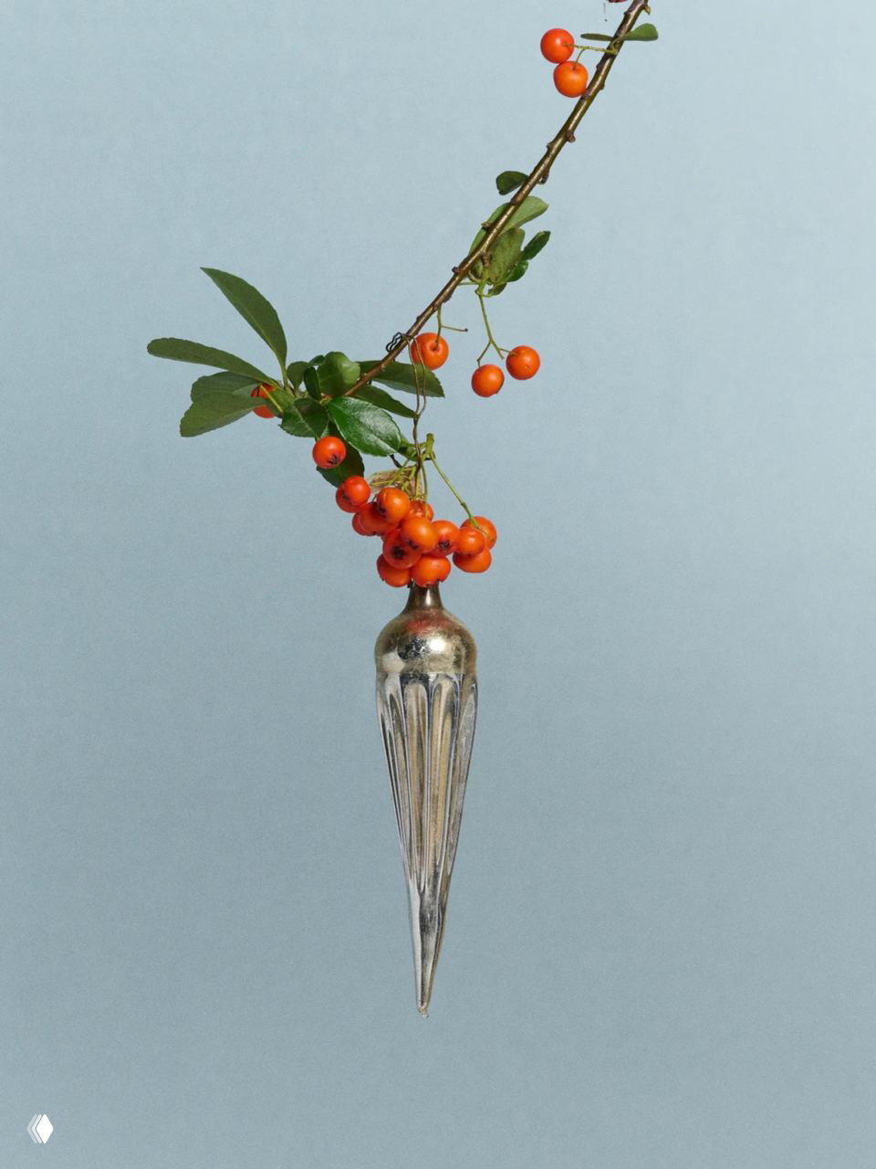 Подвешенная длинная серебристая игрушка‑сосулька рядом с веткой и оранжевыми ягодами, классический винтажный дизайн 1950–60-х.
