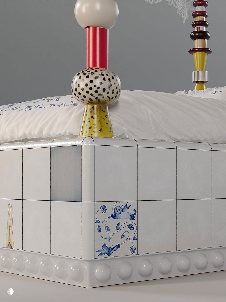Крупный план угла кровати с белыми плиточными фасадами и расписной мини-иллюстрацией в стиле народной росписи, деталь проектной мебели Reda для нового отеля в русском стиле.