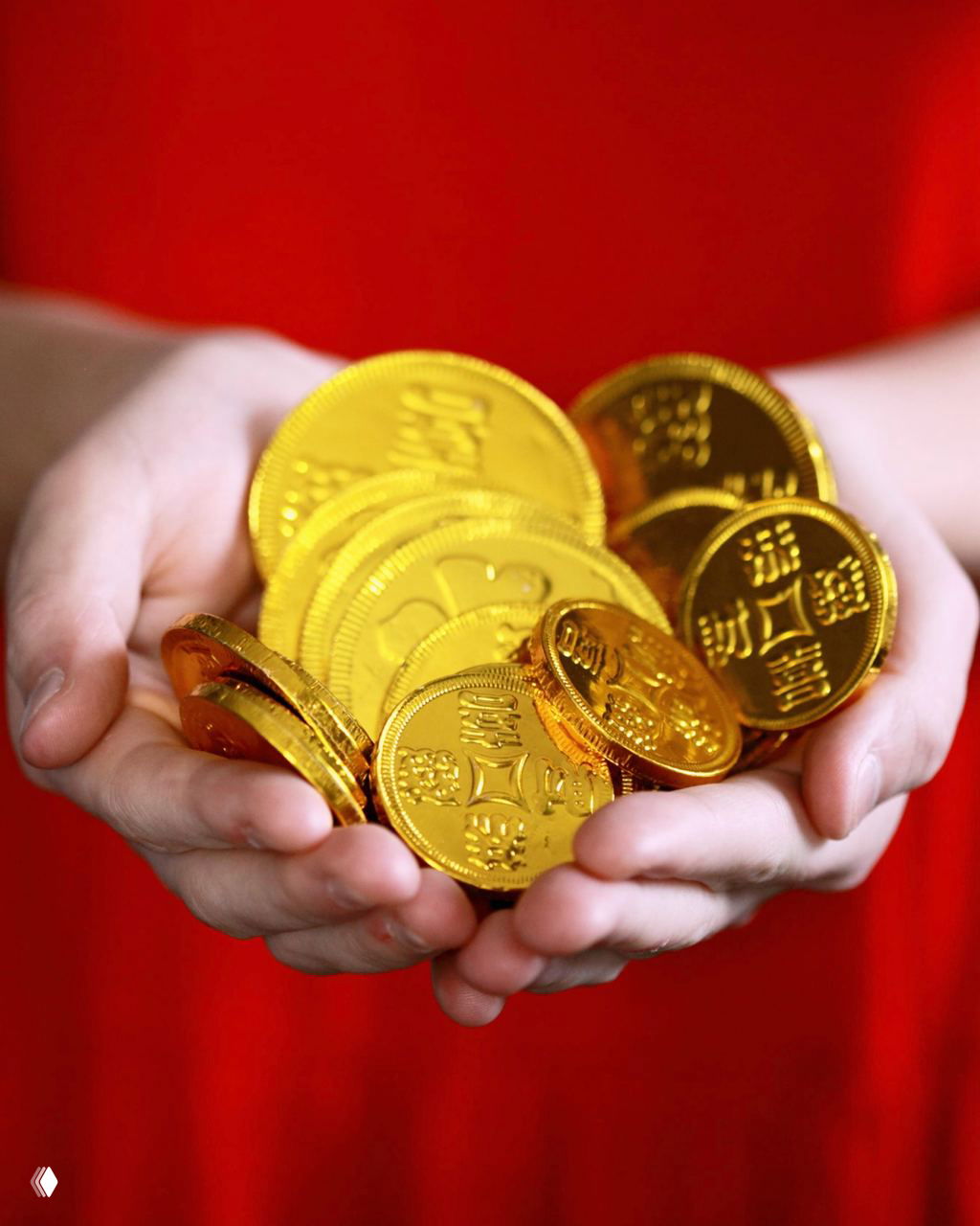 Руки держат золотые монеты (имитация) — символические деньги и пожелания богатства, используемые в китайской новогодней традиции