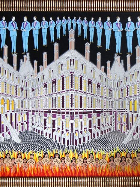 Графическая иллюстрация с симметричной архитектурной сценой, оптическими узорами и рядами стилизованных фигур, насыщенная палитра цветов и декоративные детали.