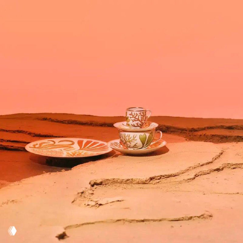 Небольшие чашки и блюдца Hermès с коралловыми и растительными мотивами на фоне гладкой песчаной сцены и оранжевого неба выставки