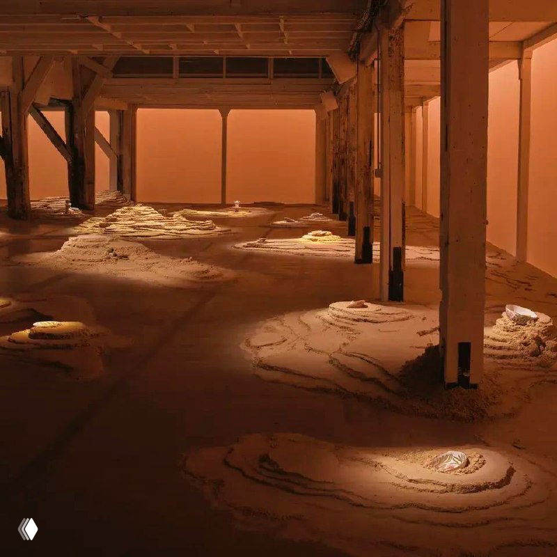 Несколько предметов сервиза Hermès размещены на песчаных холмах инсталляции, обрамлённые тёплым студийным освещением и оттенками терракоты